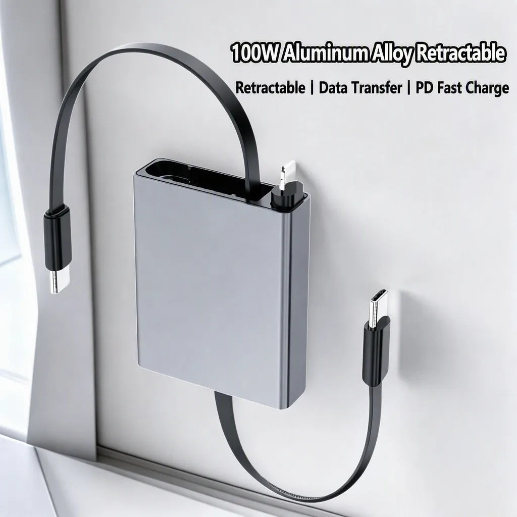 100W PD Fast Charging Retractable USB Cable - front view