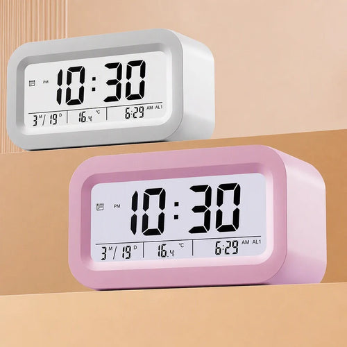 Digital Alarm Clock with Temperature Display - white and pink LED desk clock